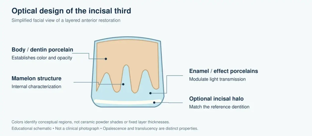 Conceptual diagram of mamelon structure and incisal translucency in a porcelain veneer