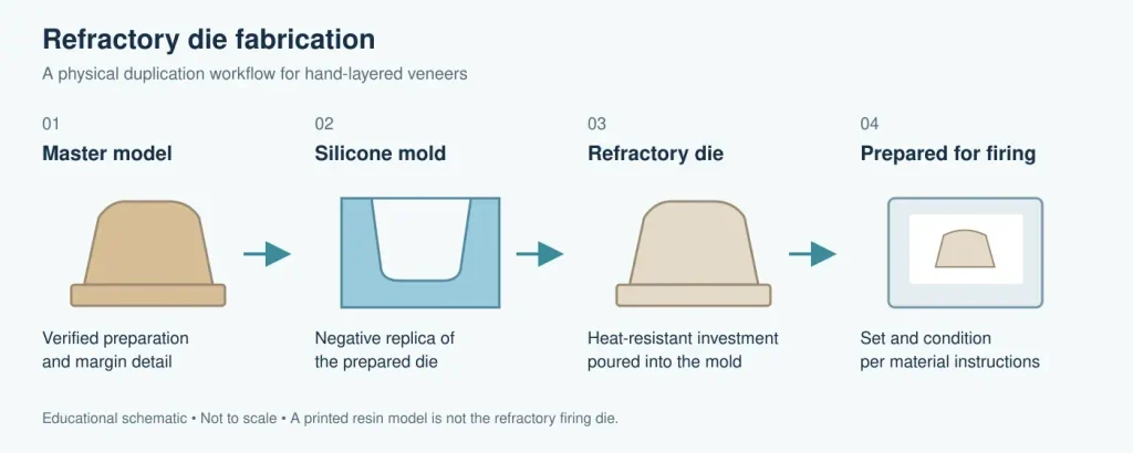 Feldspathic porcelain veneer fabrication using silicone duplication and poured refractory dies